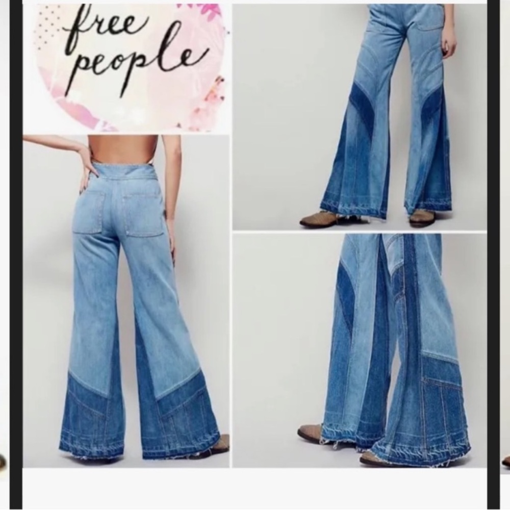 Free People Two-Tone Patchwork Wide Leg Jeans - Light & Dark Blue
